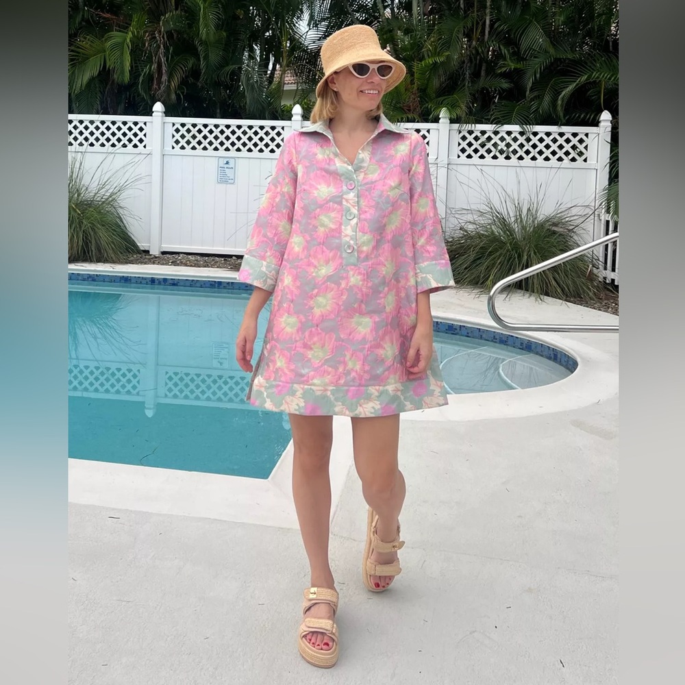 NWT Abbey Glass Piper Jacquard Floral Print V-Neck 34 Sleeve Caftan Mini Dress - Picture 8 of 15